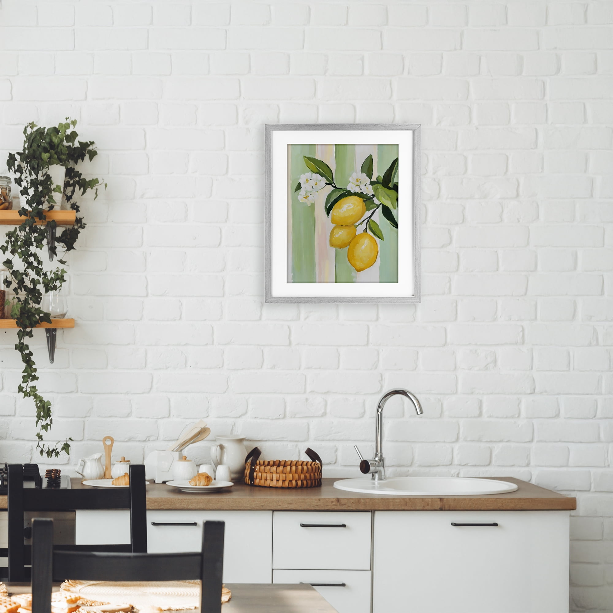 Stupell Industries Lemons & Flowers on Stripes Gray Framed Print Under Glass, design by The Prints Vibe