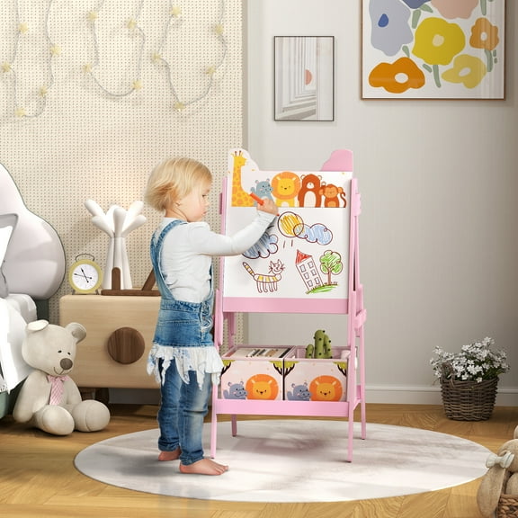 Qaba Easel for Kids, Double-Sided Kids Easel with Whiteboard, Chalkboard, Storage Boxes, Toddler Easel for 3-8 Years, Pink