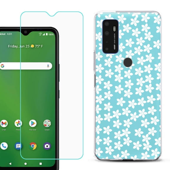 Shockproof Bumper Phone Case for AT&T Radiant Max 5G / Fusion 5G, with Tempered Glass Screen Protector, by OneToughShield ® - Flower/Teal