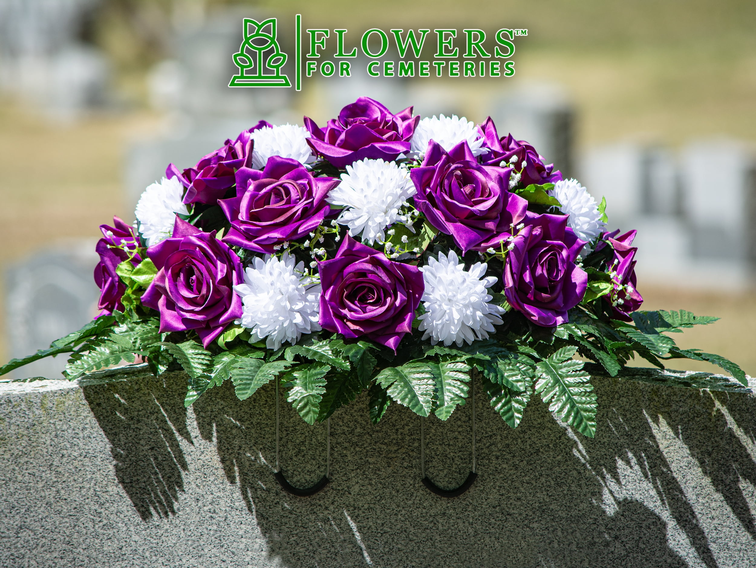Sympathy Silks Artificial Cemetery Flowers Purple Open Rose White Mum Saddle for Outdoor Headstone