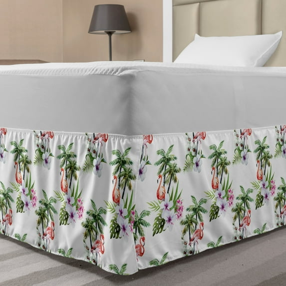 Flamingo Bed Skirt, Watercolor Pattern with Exotic Birds Tree Leaves Orchid and Hibiscus Blossoms, Elastic Bedskirt Dust Ruffle Wrap Around for Bedding Decor, 4 Sizes, Multicolor, by Ambesonne