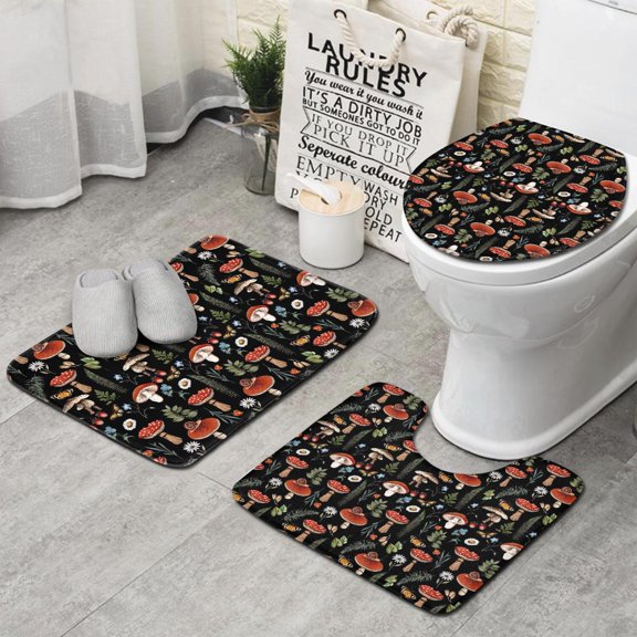 Red Mushroom Snail Black Pattern Bathroom Rugs Sets 3 Piece,Toilet Cover Set,Absorbent Non Slip Bathroom Mats Sets with U-Shaped Contour Rug Toilet Rug Set