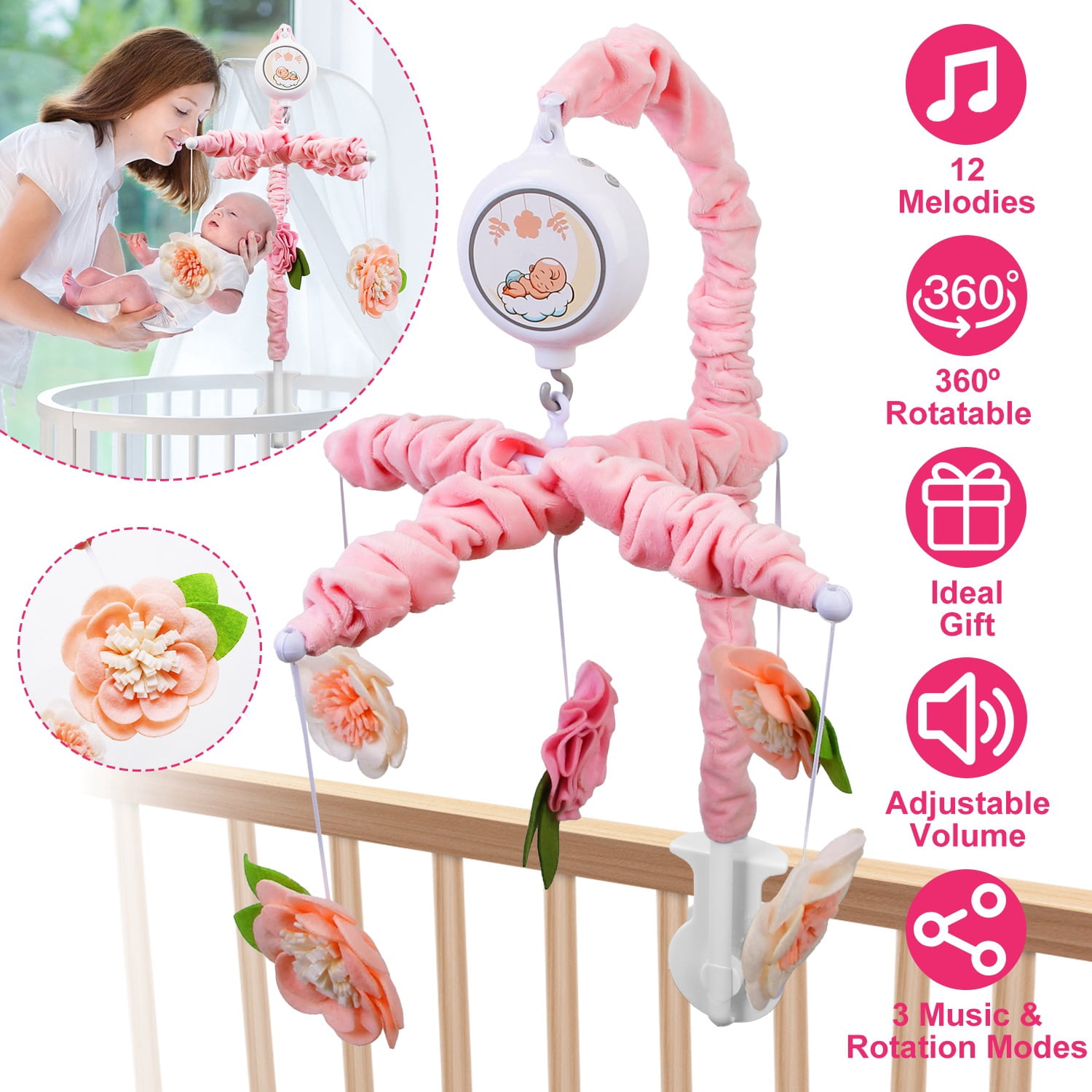 Moclever Baby Mobile for Crib, Nursery Mobiles Baby Musical Crib Bed Bell with 12 Melodies 5 Flower Rattles 3 Modes Volume Adjustment for Girl Newborn Gift, Pink