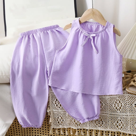 IFNWSV Girls Summer Outfits Kids Solid Color Thin Home Clothing with Ruffle Round-Neck Tank Top Sets for Kids Purple 4-5Years