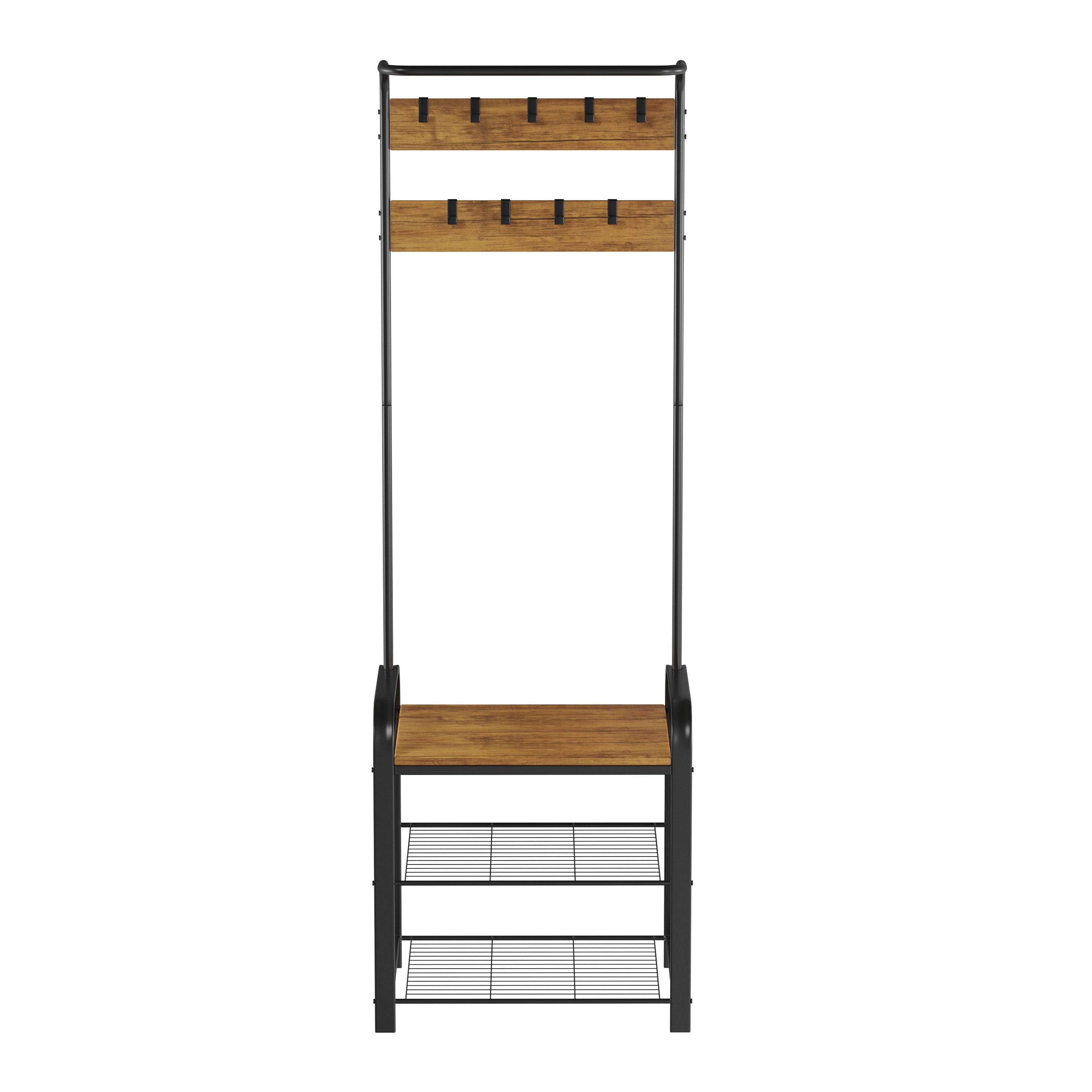 Lavish Home Entryway Bench with Coat Rack – Metal Hall Tree with Seat, Hooks, and Shoe Storage – Rustic Farmhouse Freestanding Mudroom Furniture