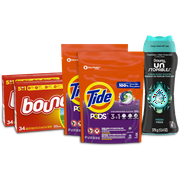 Tide Laundry Bundle with Tide Pods, Downy Unstopable Scent Beads, and Bounce Dryer Sheets.