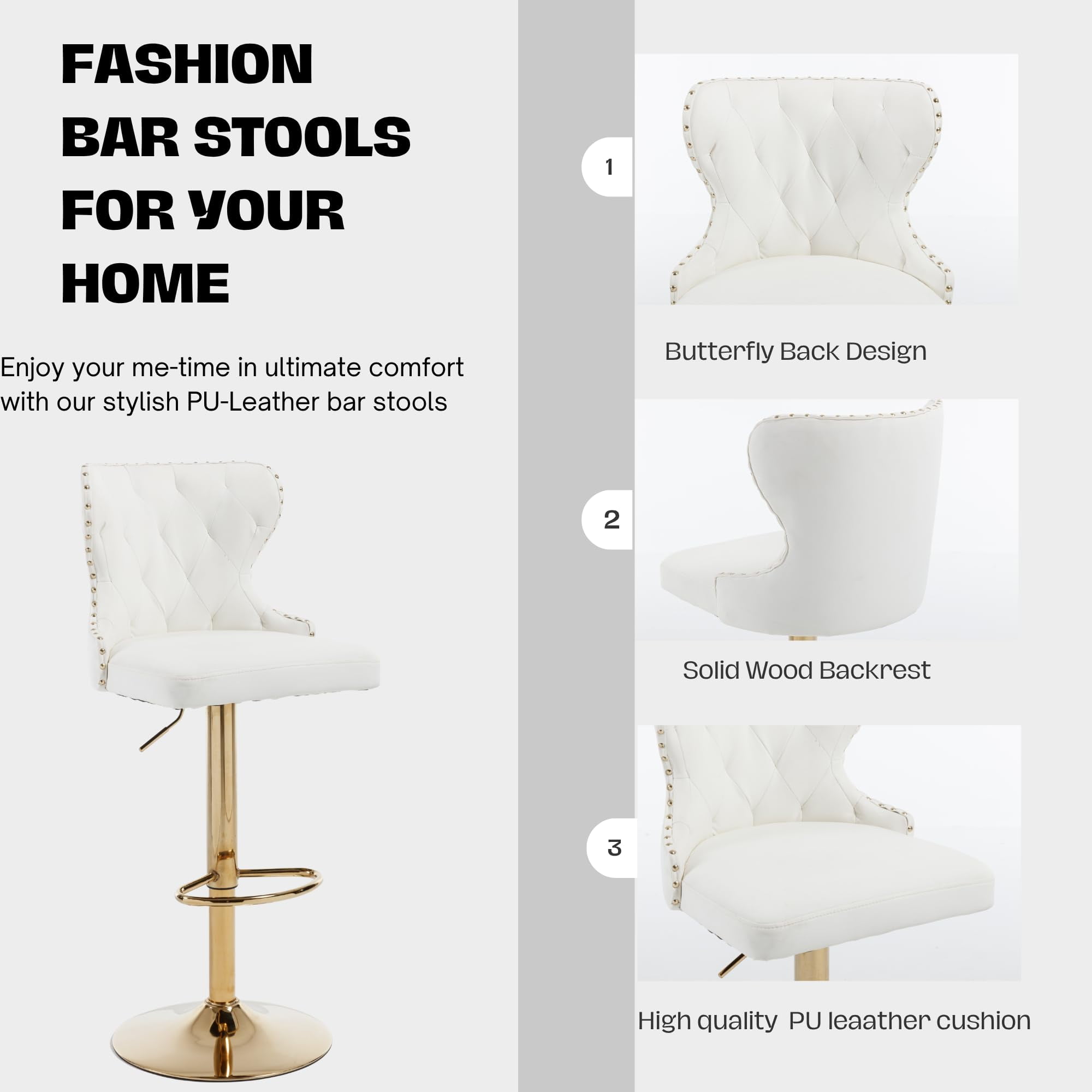 Set of 2 Adjustable Swivel Bar Stools, Faux Leather Upholstered Counter Height Chairs with Nailhead Trim, Golden Footrest, Golden Legs, and High Back for Kitchen Island, Home Bar, Dining Room, White