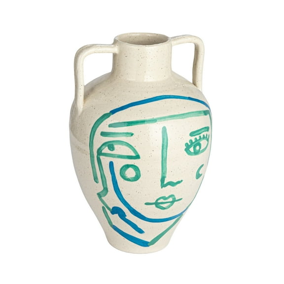 Bloomingville Hand-Painted Terra-cotta Vase with Abstract Face and Crackle Glaze, White, Blue and Aqua
