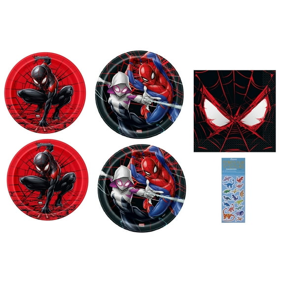 Spiderman Birthday Party Supplies Bundle includes 16 Paper Plates 7", 16 Paper Plates 9", 16 Paper Napkins 6.5", 1 Dinosaur Sticker Sheet
