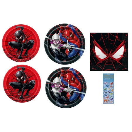 Spiderman Birthday Party Supplies Bundle includes 16 Paper Plates 7", 16 Paper Plates 9", 16 Paper Napkins 6.5", 1 Dinosaur Sticker Sheet