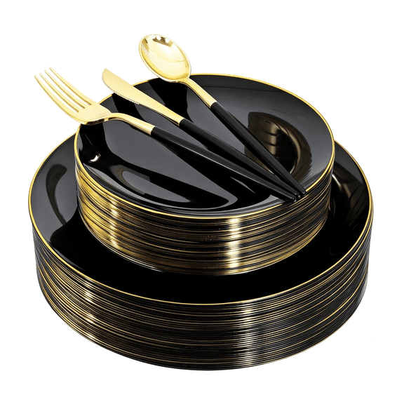 BPPEG Black and Gold Plastic Plates,Heavy Duty Disposable Dinnerware Set for black and gold plates disposable for party