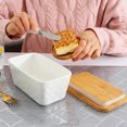 thumbnail image 2 of Ceramics Butter Dish with Wooden Lid Stainless Steel Cutter Large Capacity Fridge Countertop Butter Container Keeper Holder Box Kitchen Supplies, 2 of 7