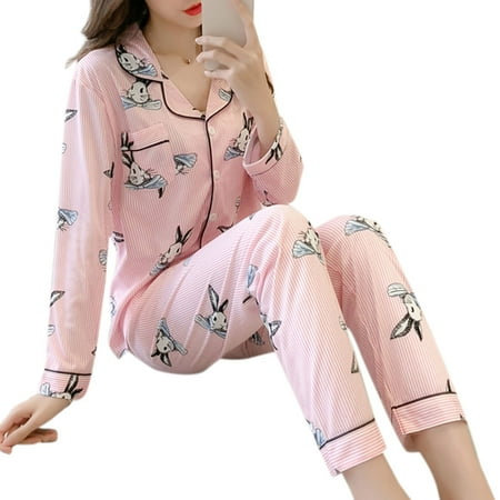 

Womens Pajamas Set Floral Printed Sleepwear V-Neck Long Sleeve Cardigan Homewear