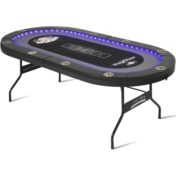 RayChee 84 inch Poker Table Foldable, 10 Player Folding Texas Holdem Table w/Inlaid LED Light, 2 USB & 2 Type-c Ports, Portable Blackjac for Texas Card Game w/Cup Holders and Padded Rails(Black)
