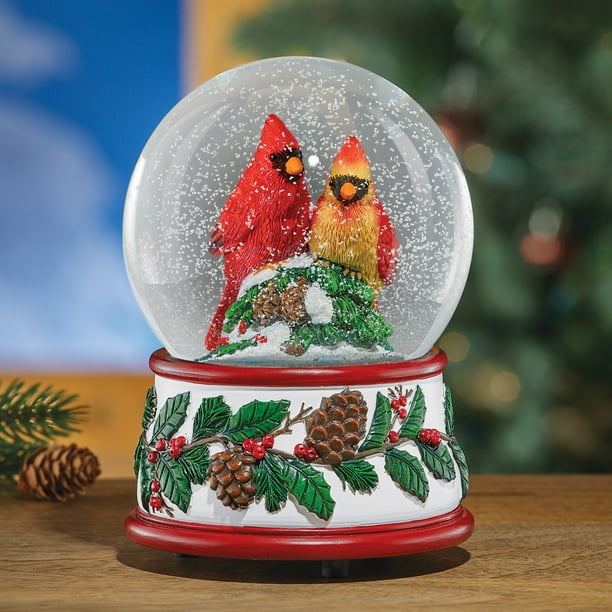 Musical Cardinal Snow Globe with HandPainted Details, WindUp Key