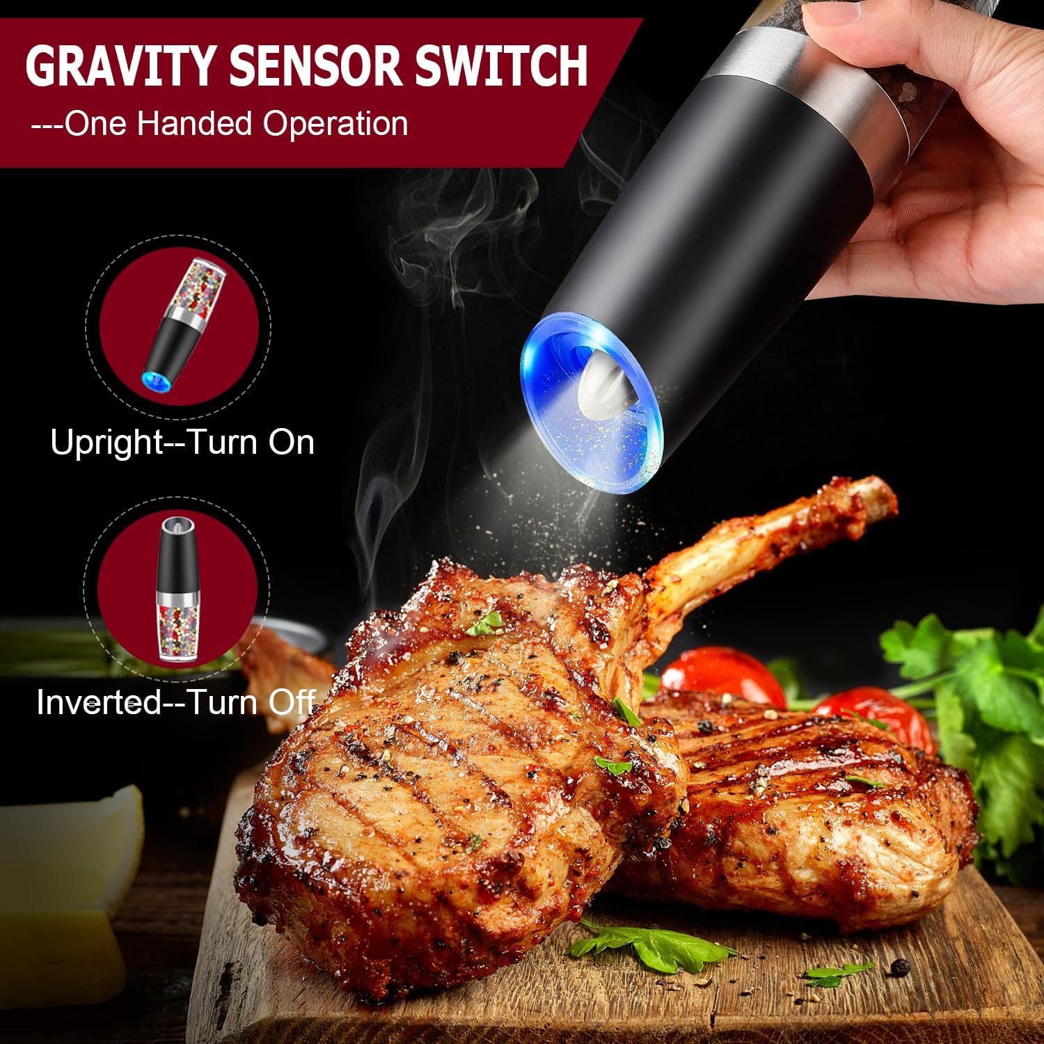 Gravity Electric Pepper and Salt Grinder Set, Adjustable Coarseness, Battery Powered with LED Light, One Hand Automatic Operation, Stainless Steel Black, 2 Pack