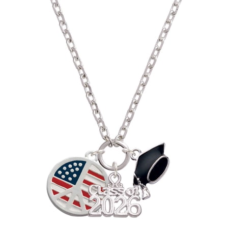 Delight Jewelry Silver-tone Large Peace Sign with USA Flag - Class of 2026 Graduation Zoey Charm Necklace, 28"