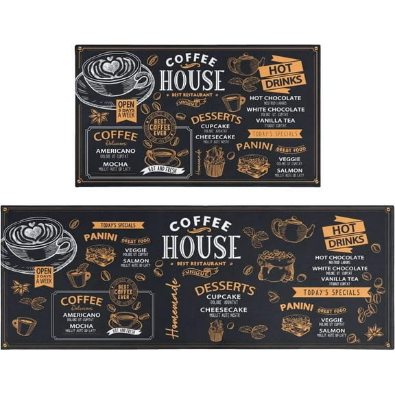 Black Coffee Theme Kitchen Rugs Set of 2,Cafe Kitchen Rugs and Mats Non Skid Washable,Black Kitchen Runner Rugs with Rubber Backing (Coffee House 17"x48" 17"x30")