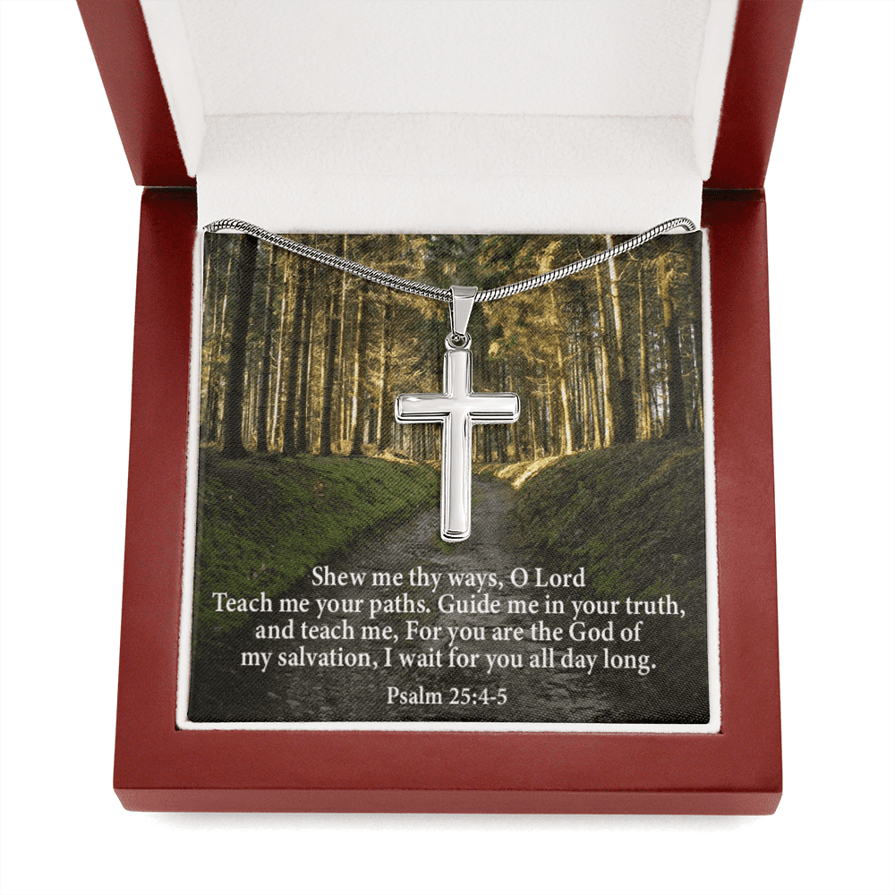 Scripture Card Baptism Psalm 25:4-5 Cross Necklace Faith Stainless Steel Pendant Religious