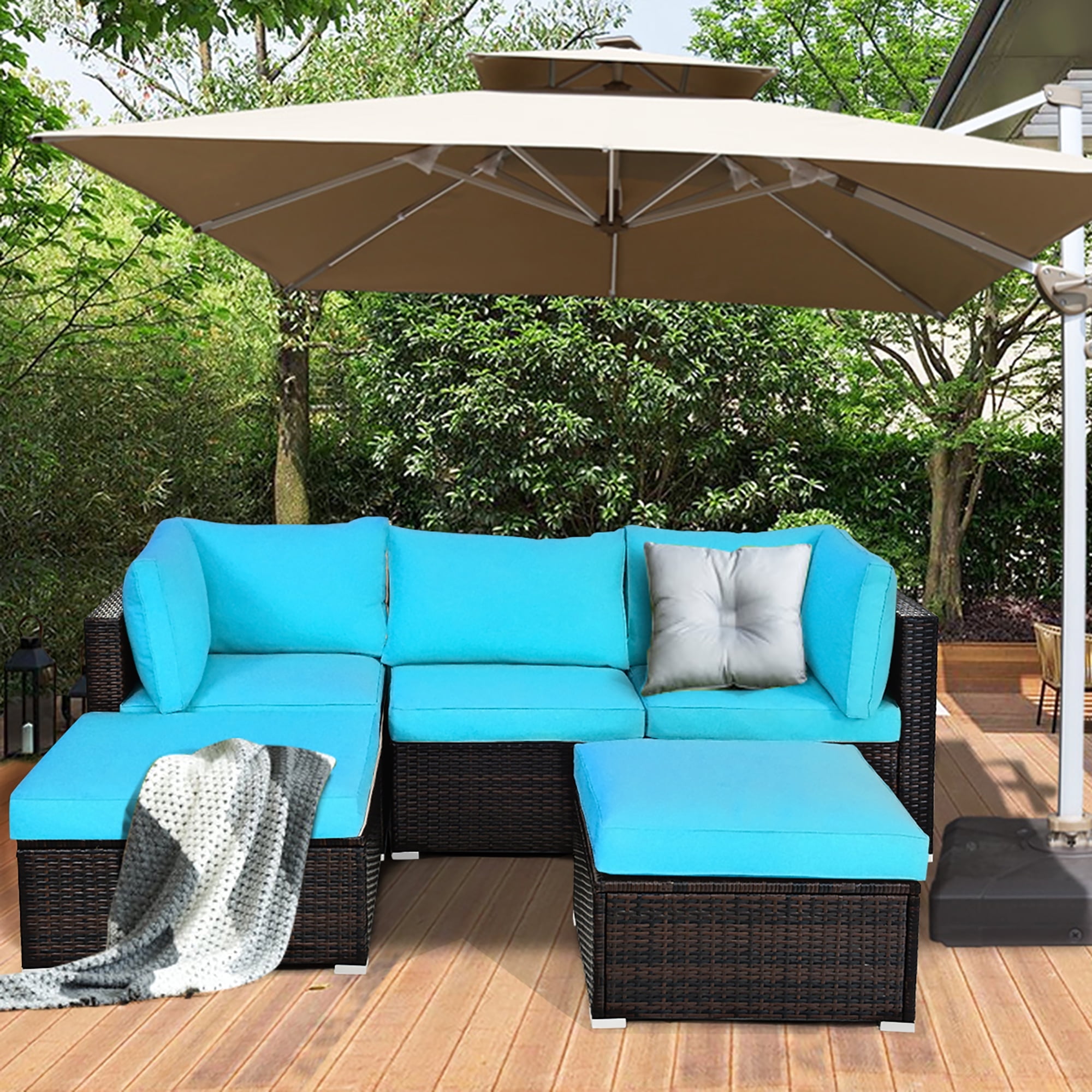 Costway 5PCS Patio Rattan Sectional Conversation Set Ottoman Turquoise