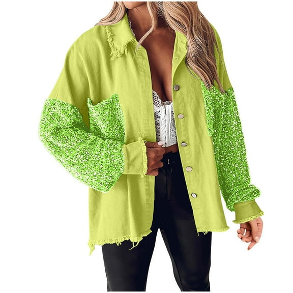 TKLPEHG Womens Jackets Sequin Patchwork Long Sleeve Jackets Top Button Front Oversized Denim Coats (Green,L)