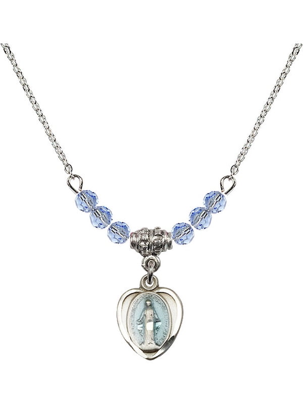 Bonyak Jewelry 18 Inch Rhodium Plated Necklace w/ 4mm Blue March Birth Month Stone Beads and Saint Victoria Charm 