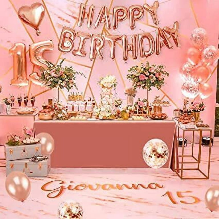 CAMARILLA 8th Birthday Rose Gold Theme Decoration Kit Items for Girls/No.8  Foil balloon,Rose Gold White Metallic Balloon,Hbd Banner,Arch,Gluedot/Bday