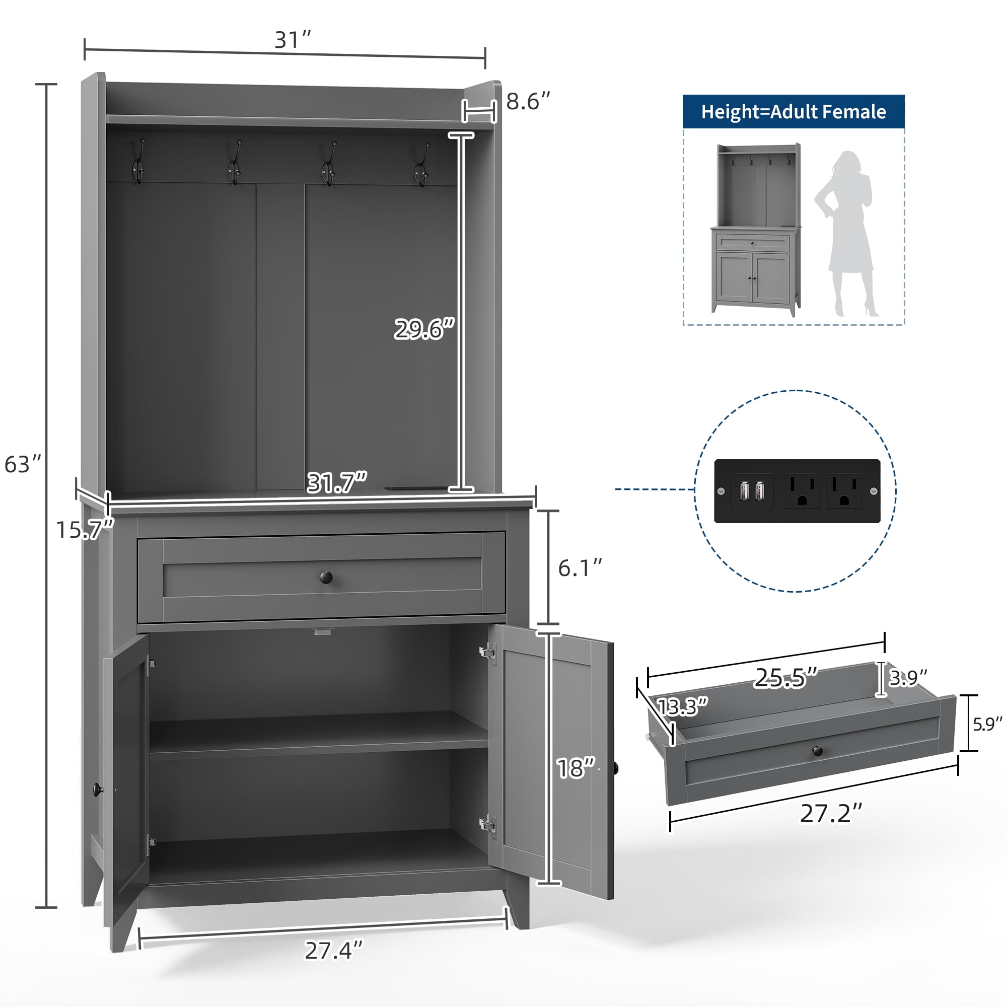 63" Pantry Cabinet, Kitchen Pantry Storage Cabinet with Outlet, Kitchen Hutch with Microwave Shelf & 4 Hooks, Door Shelves & Drawer & Adjustable Shelves, for Dining Room