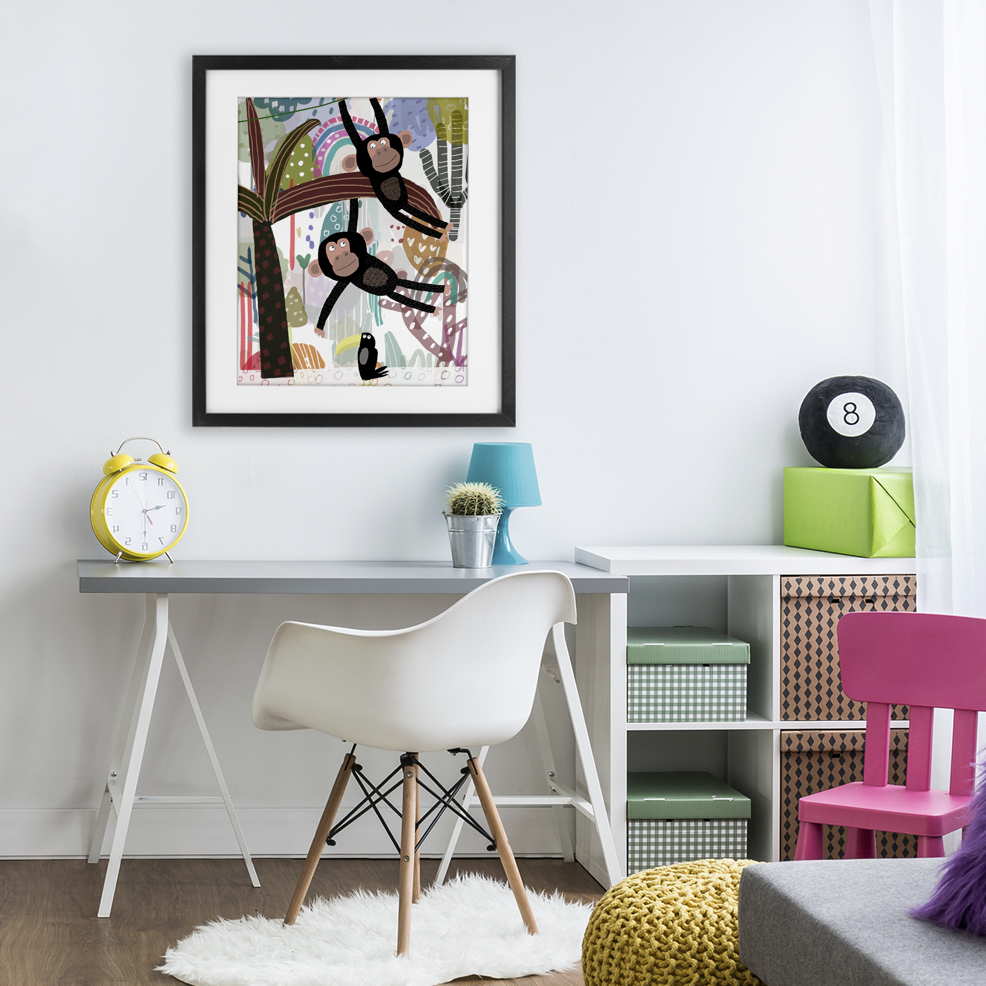 Exotic Monkey & Toucan Black Framed Print Under Glass, design by Carla Daly