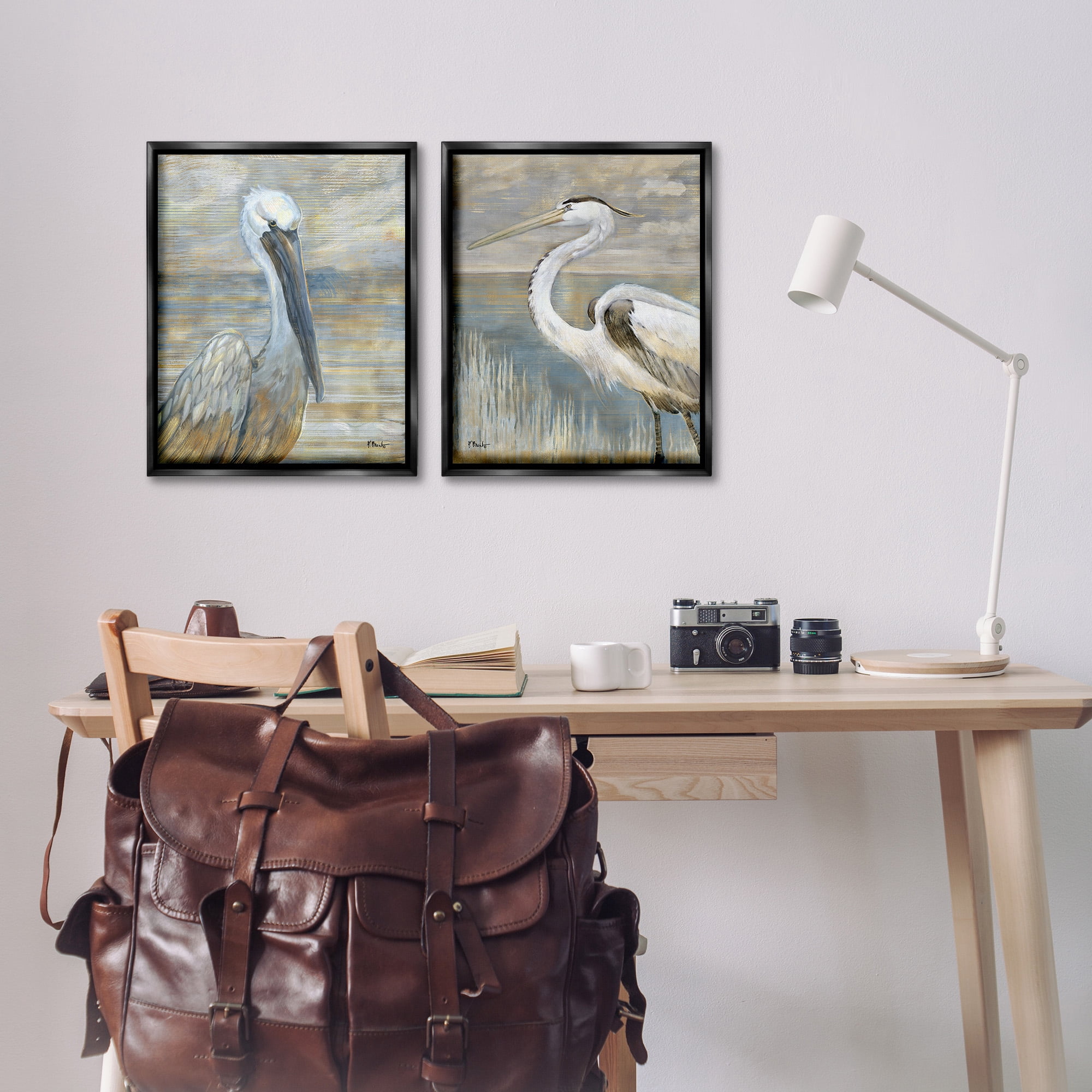 Stupell Industries Sea Birds Abstract Beach Animals & Insects Painting Black Floater Framed Canvas Art Print Wall Art, 17 x 21, Set of 2