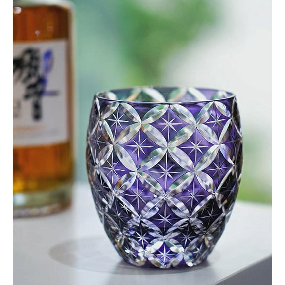 Edo style Color Hand Cut Crystal Glass Tumbler Whisky Gass 11.8 Oz Glassware with Luxury Gift Box, Cocktail-Vodka-Beer Drinkingware Glasses In Gift Carton (Purple)