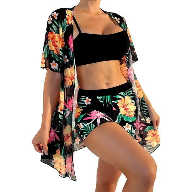 Traje de baño de 3 piezas para mujer, traje de baño tropical con pantalones cortos y cubierta Varios colores G Varios colores G Xishao ropa