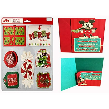 Holiday Time 40 Deluxe Glitter & Foil Gift Tags With Classic Mickey Mouse Christmas Card