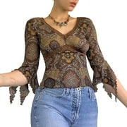 Women's Vintage Floral Print V Neck Elegant Brown Summer Y2K Half Flare Sleeve T-Shirt Mesh Top