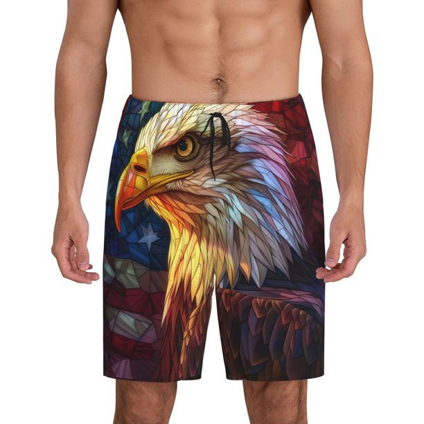 Balery Geometric American Bald Eagle Pantalones cortos de pijama de punto de algodón para hombre con cinturilla y bolsillos-Small