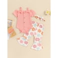 thumbnail image 3 of vera natura Baby Girls Summer Outfit, Short Sleeve Romper with Flower Leopard Print Flare Pants and Bowknot Headband, 3 of 8