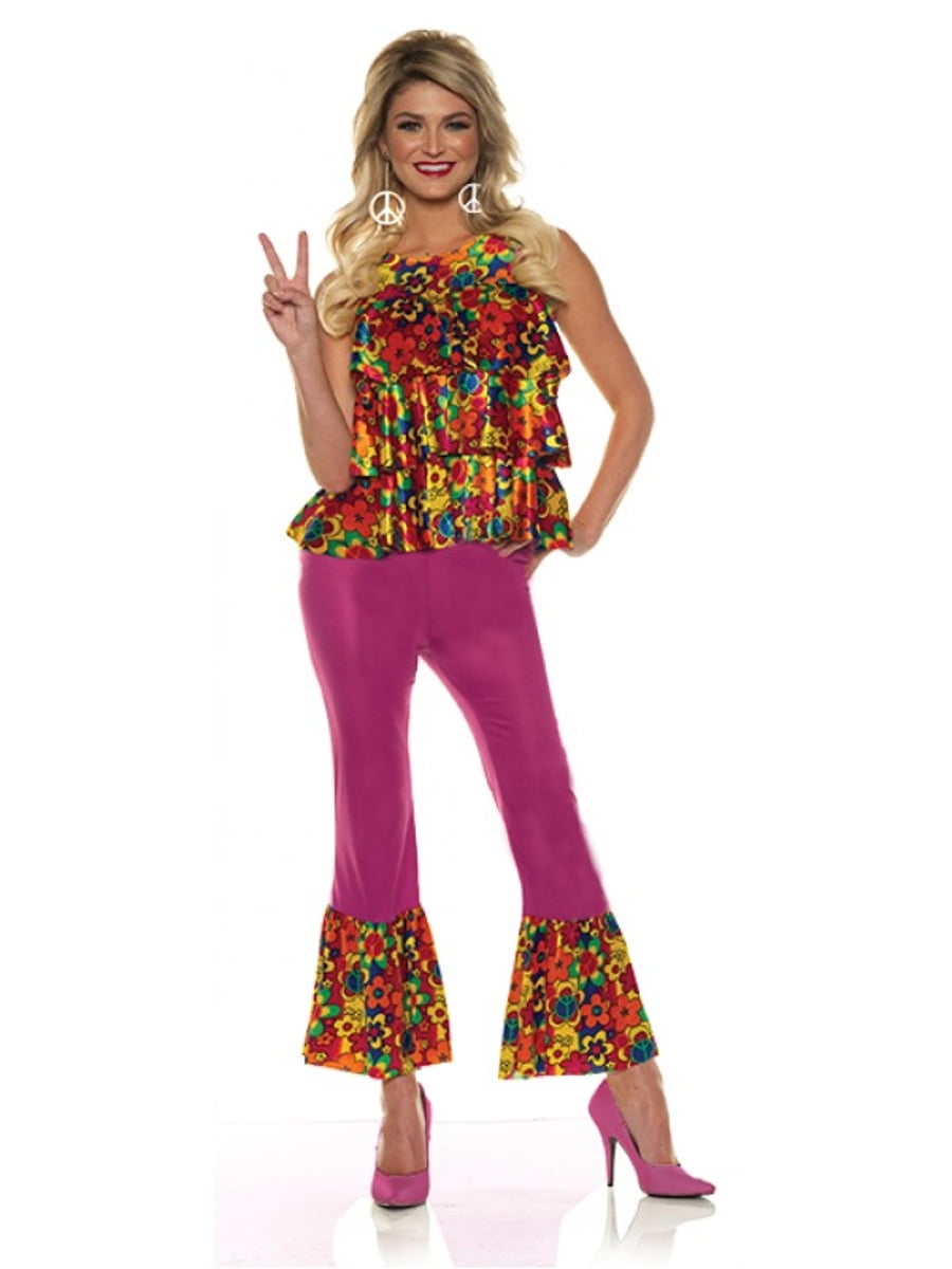 Adult 60s 70s Hippie Groovy Flower Child Bell Bottom Denim Peace Pants Costume 