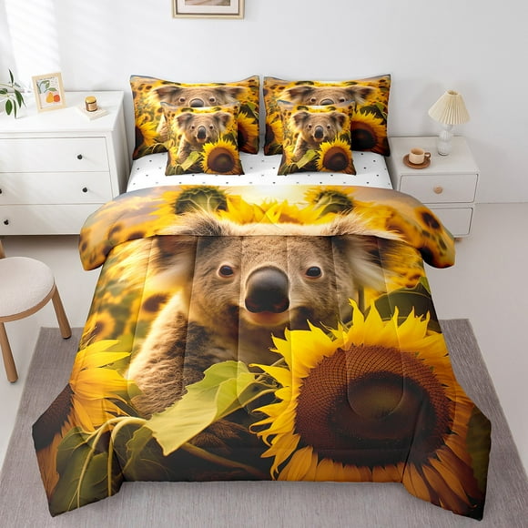 YST Cute Koala Animal Printed Comforter Set, 7pcs Bedding Set for Kids with Botanical Bed Sheets, Full Size
