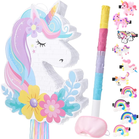 Unicorn Piñata - Unicorn Party Supplies Piñata Bundle with Hair Clip Blindfold and Bat, Pull String Pinata for Birthday Favors Decorations Supplies (16x12x3 Inches)