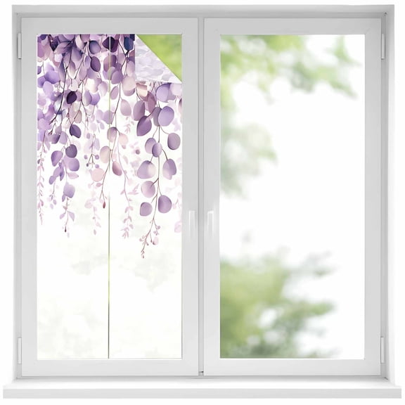 Purple Eucalyptus Window Privacy Film, Spring Botanical Plant Aesthetic Static Cling UV Sun Blocking Heat Control Window Tint Day and Night, Non-Adhesive One Way Windows Privacy Cover 17.7''x39.3''