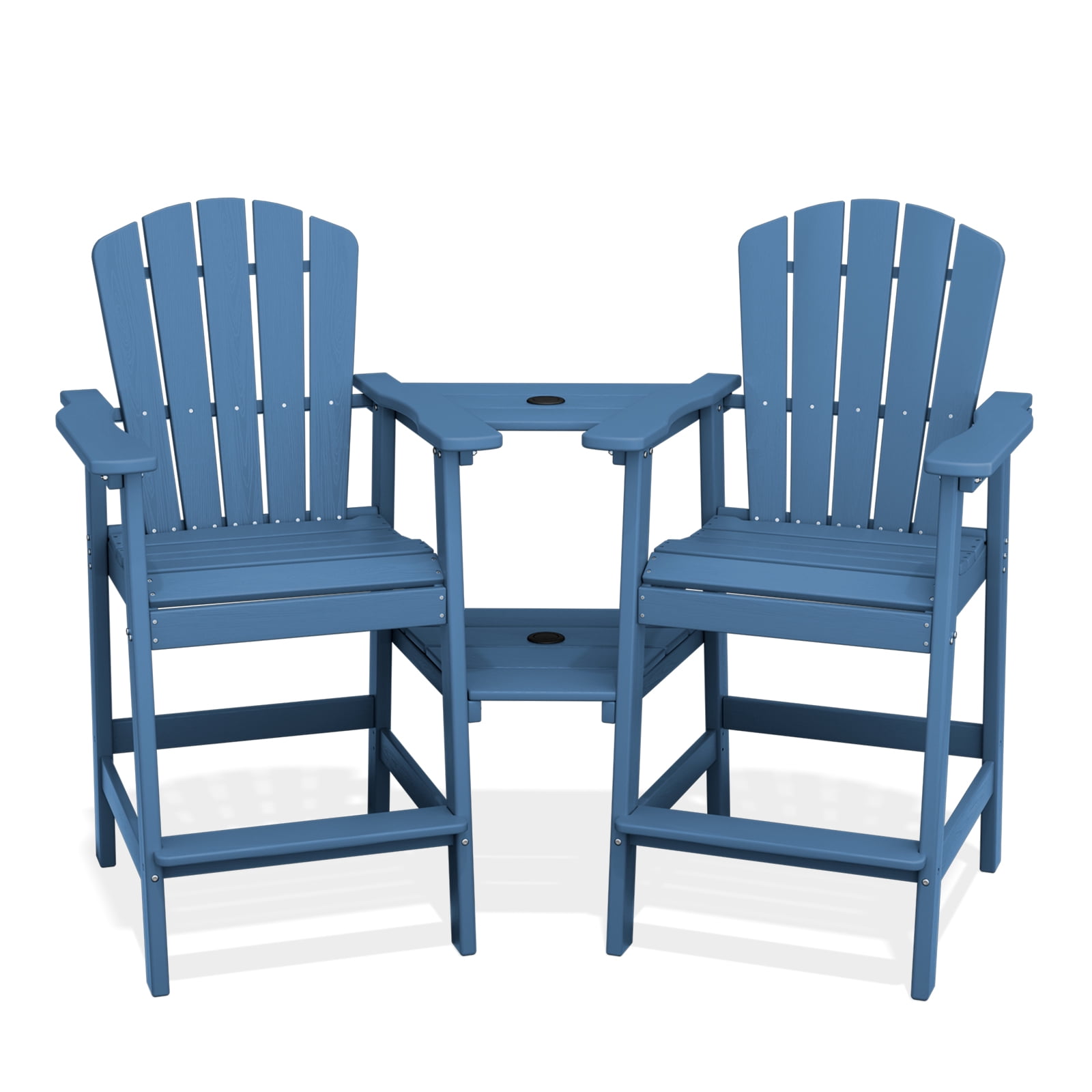 LOYALICE Tall Plastic Adirondack Chair Set of 2 W/ Outdoor Barstools and Connecting Tray, Navy Blue