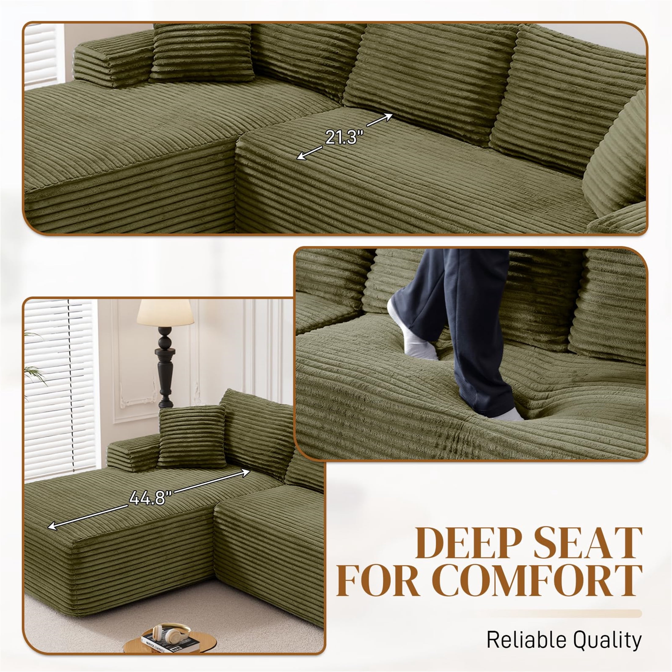 Aukfa 96" Cloud Sectional Sofa Deep Seat Boneless Couch Modular L-Shaped Couch, Left Chaise Corduroy Sofa for Living Room, Green