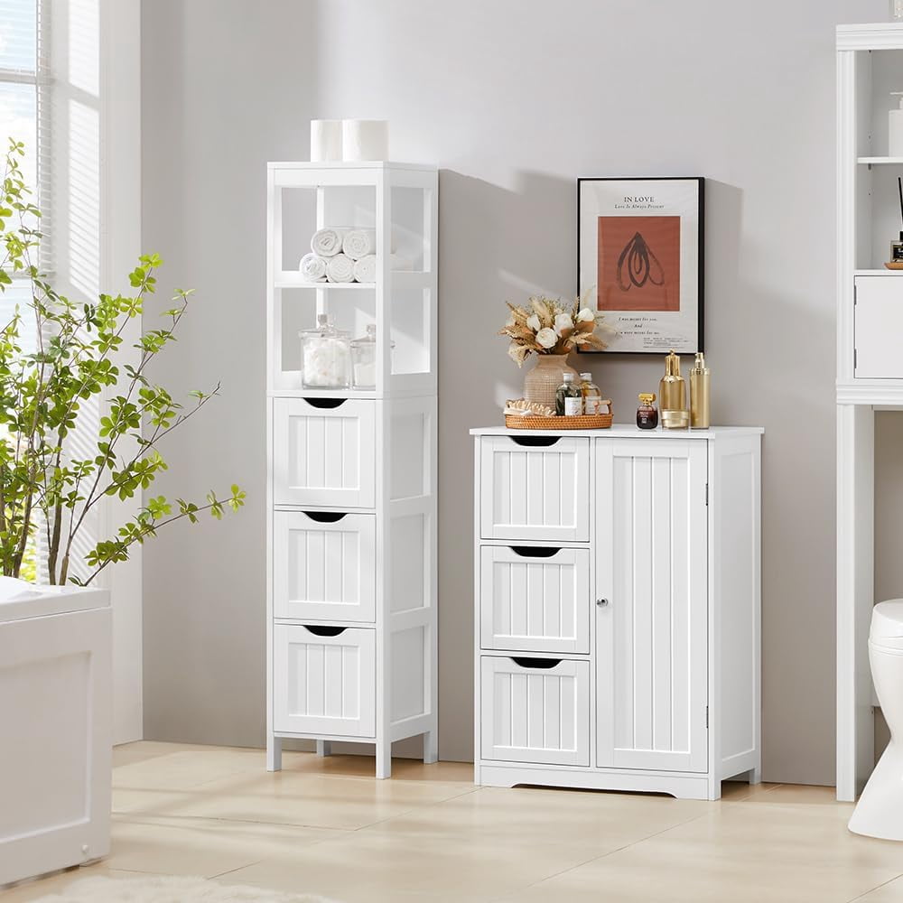 Bathroom Tall Cabinet, Slim Storage Cabinet, Narrow Freestanding Floor Cabinet with 3 Drawers & 2 Shelves, Linen Tower for Small Space, 12" D x 12" W x 56" H, White