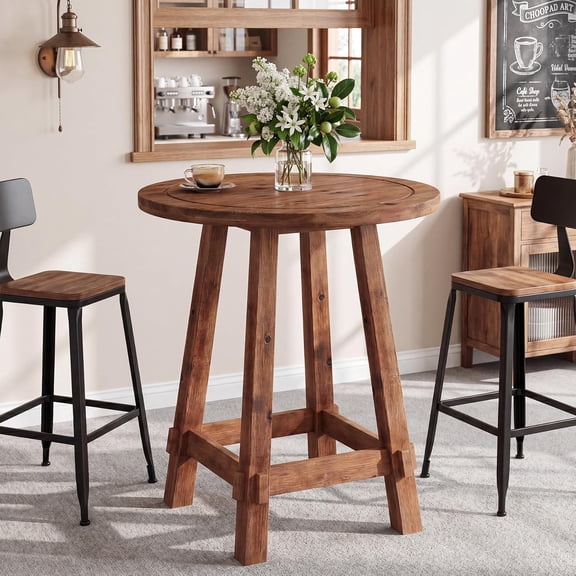 Finmind 39.4" Solid Wood Round Bar Table, Farmhouse High Top Pub Table for Small Spaces, Brown (Table Only)
