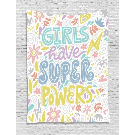 Feminist Tapestry, Boho Feminist Design with Colorful Floral Motif and Phrase Girls Have Super Powers, Wall Hanging for Bedroom Living Room Dorm Decor, 40W X 60L Inches, Multicolor, by
