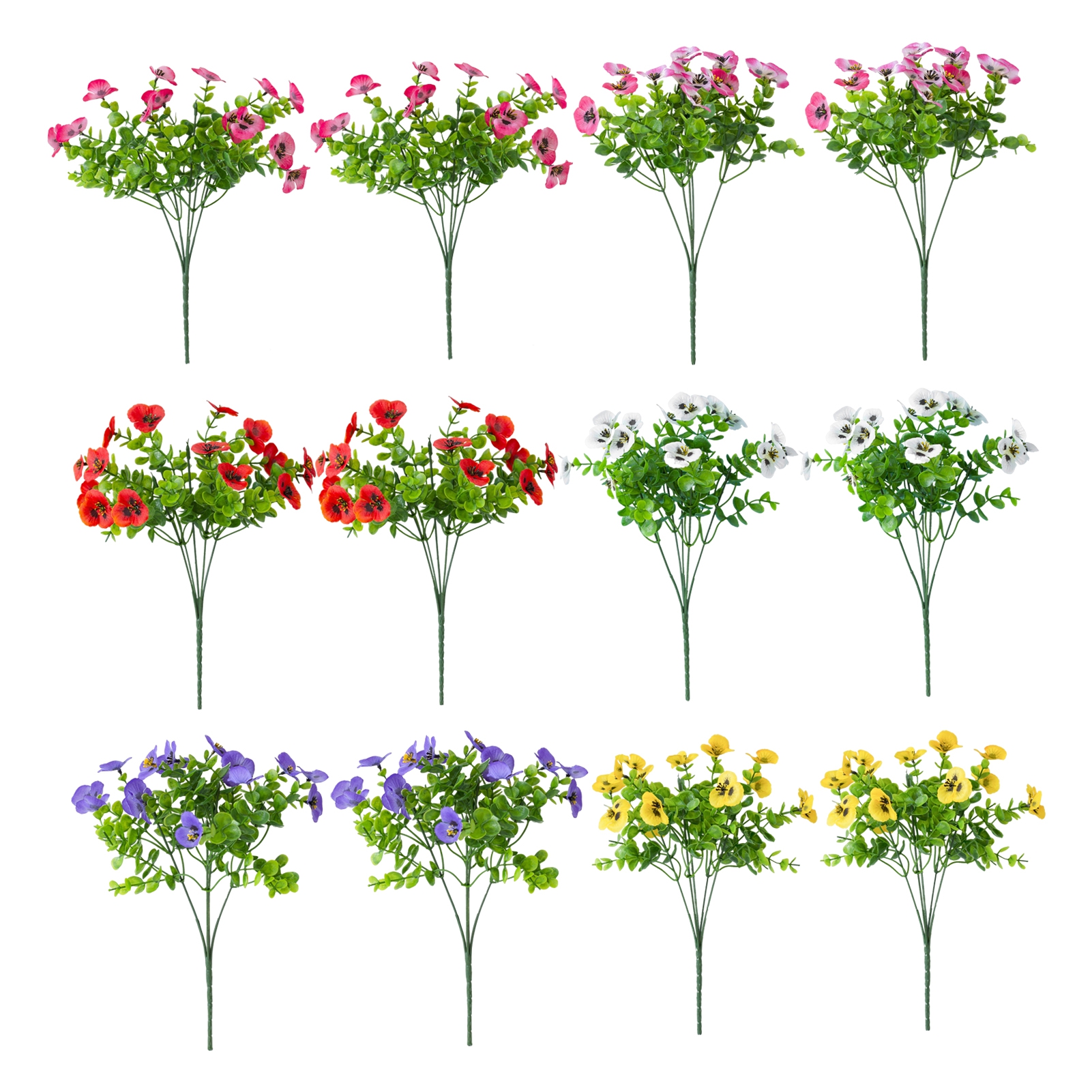 Opvise 12 Bundles UV-Resistant Artificial Outdoor Pansy Flowers, Realistic Faux Silk Plants for Garden, Patio, Balcony, Wedding, Home Decor, All-Season Maintenance-Free Fake Blooms (32cm)