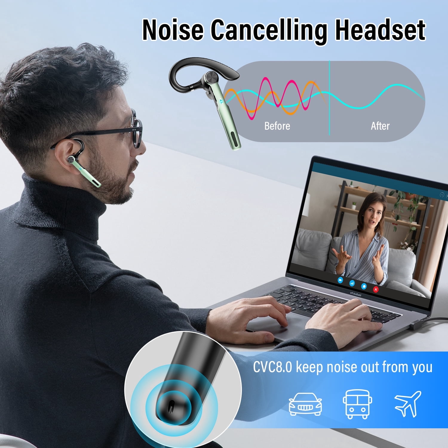 Bluetooth Headset, Single-Ear Bluetooth Earpiece, 72 Hours Talking Time Wireless Headset V5.3 with 400mAh Charging Case for Ios Android Cell Phones, Green