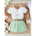 thumbnail image 3 of FEORJGP Kids Toddler Girls 2Pcs Summer Outfits 12M 18M 2T 3T 4T 5T Infant Baby Off Shoulder T-Shirts Short Sleeve Strap Tops + Pleated Skirt A-line Skirts Set Little Girl Fashion Casual Daily Clothes, 3 of 8