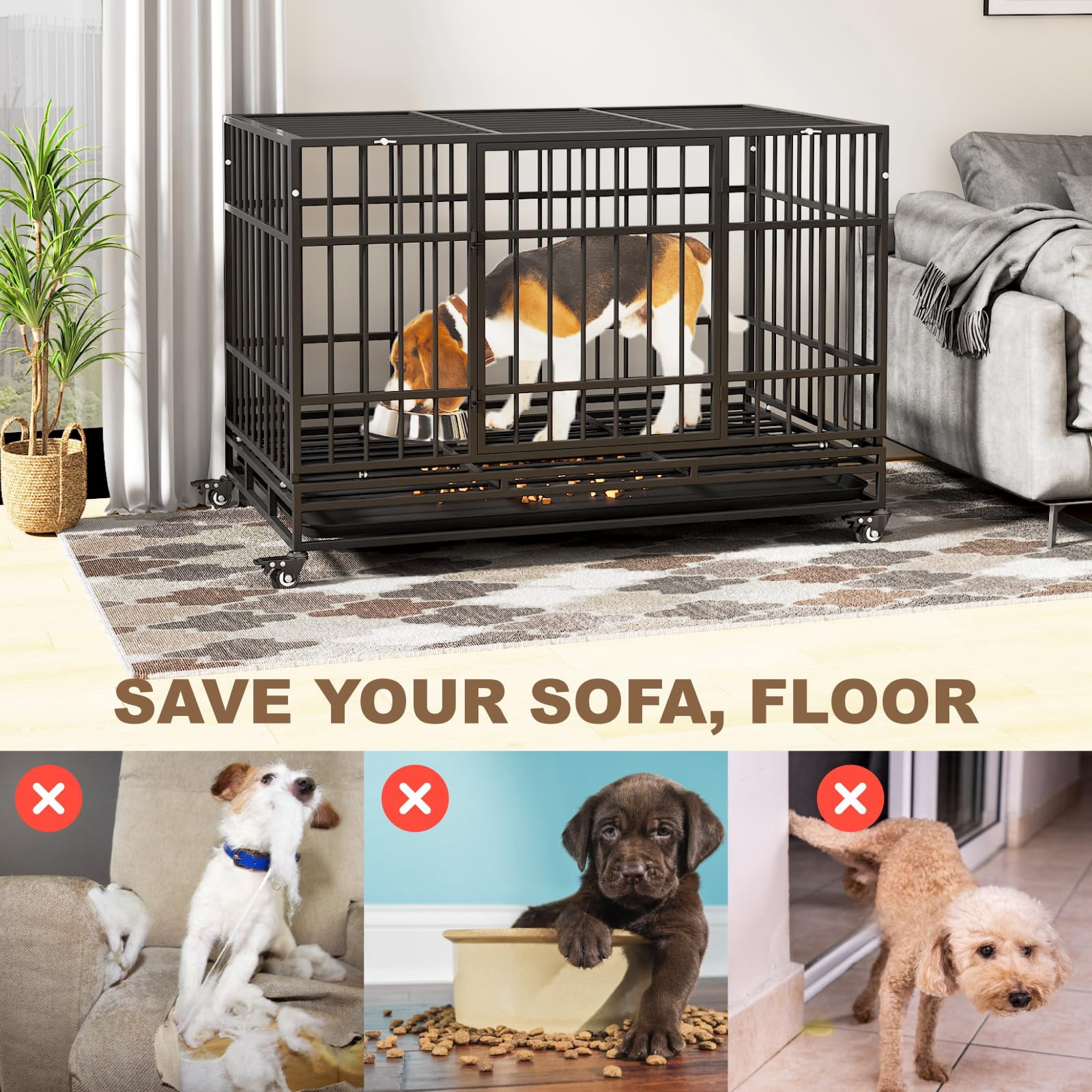 TIMHAKA 48 Inch Heavy Duty Steel Dog Crate with Wheels, Tray & Double Doors for Large Dogs