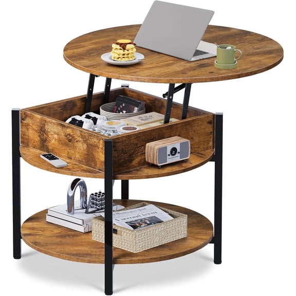 WLTER Round Lift Top Coffee Table with Storage Shelf and Hidden Compartment, Farmhouse Small Coffee Table with 2 Tier for Living Room and Home Office, Rustic Brown